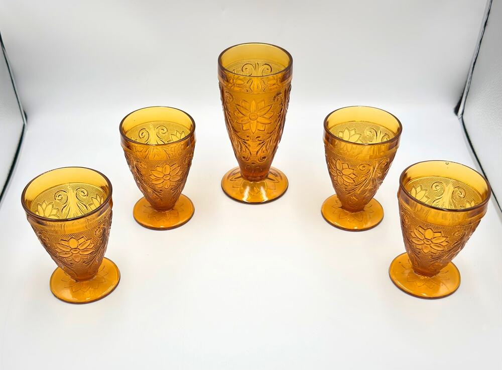 Indiana Sandwich Glass Tiara Amber 5pc Set - Tumbler Drinking Glasses